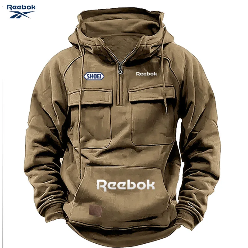 Reebok Men's Muscle Sports Workwear Style Autumn/Winter New Fashion Solid Color Multi-Pocket Long-Sleeved Hooded Sweatshirt