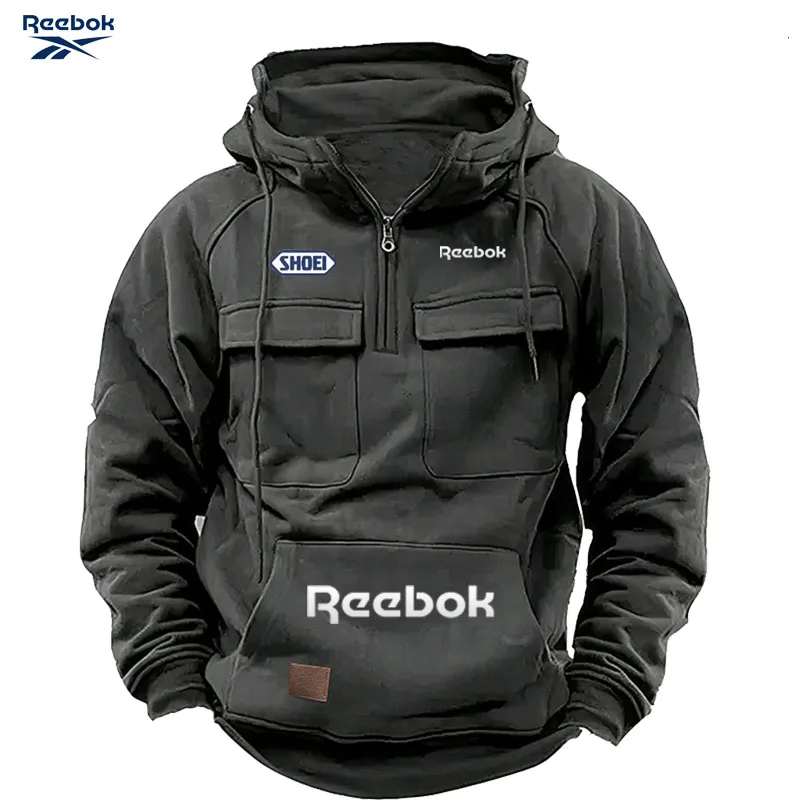 Reebok Men's Muscle Sports Workwear Style Autumn/Winter New Fashion Solid Color Multi-Pocket Long-Sleeved Hooded Sweatshirt
