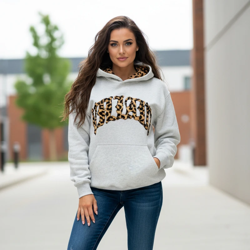 Leopard Print Letter Embroidery American Hip-hop Men Hoodie Retro Harajuku Street Sports Suit Fashionable Casual Sweatshirts ﻿