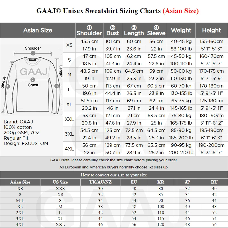 GAAJ 100% Cotton Sweatshirt Men Women,Brand Solid Streetwear,Autum Winter Long Sleeve Pullover,Quality Unisex Clothing,320Gsm