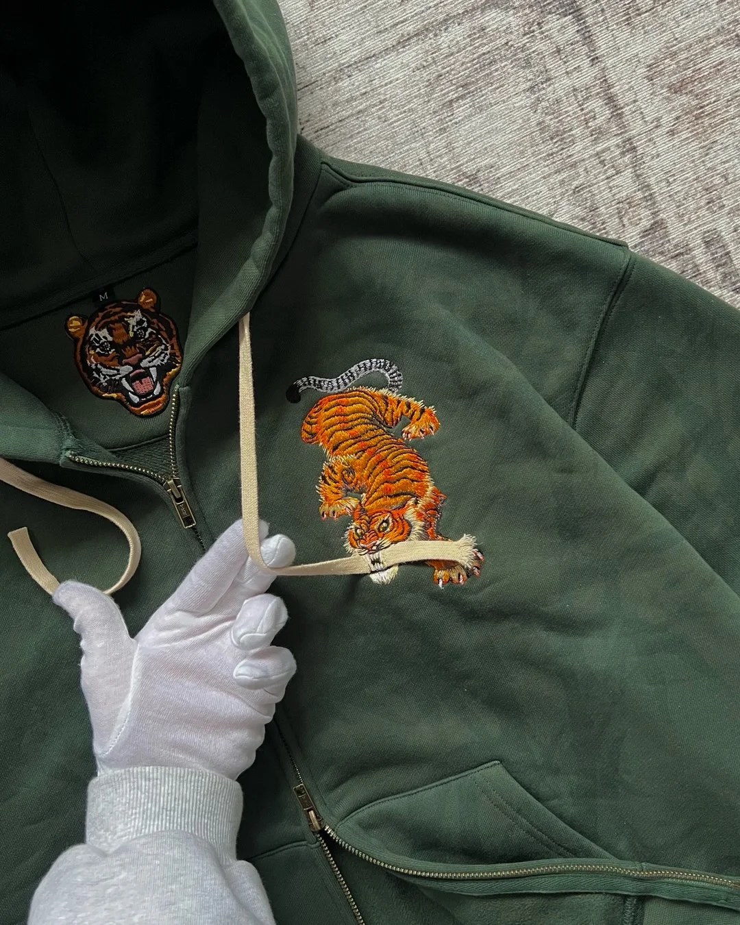 Tiger Embroidered Pattern Hip Hop Street Green Zipper Hoodie Harajuku Style Men Y2k Warm Retro Sports Casual Loose Soft Hoodie