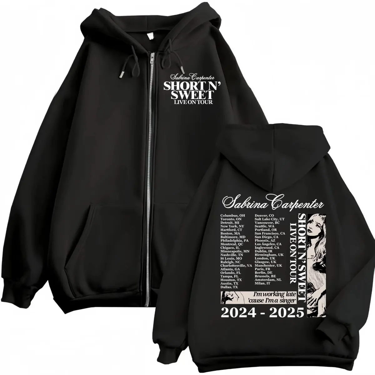 Sabrina Carpenter Short N' Sweet Tour 2025 Zipper Hoodie Fashion Aesthetic Zip Up Sweatshirts Men Women Casual Loose Pullovers