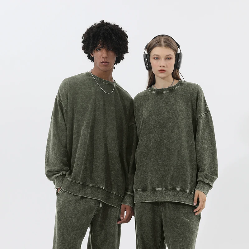 Oversize Top High Street Retro Solid Color Worn Looking Washed-out Men's and Women's Hip Hop Loose American round Neck Sweater