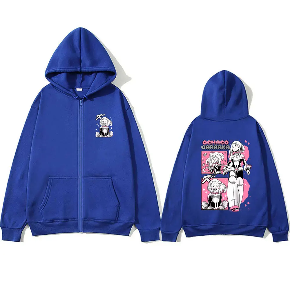 Anime My Hero Academia Zipper Hoodie Cartoon Ochaco Uraraka Zip Up Jacket Men Women Y2k Cute Kawaii Oversized Zip Up Sweatshirt