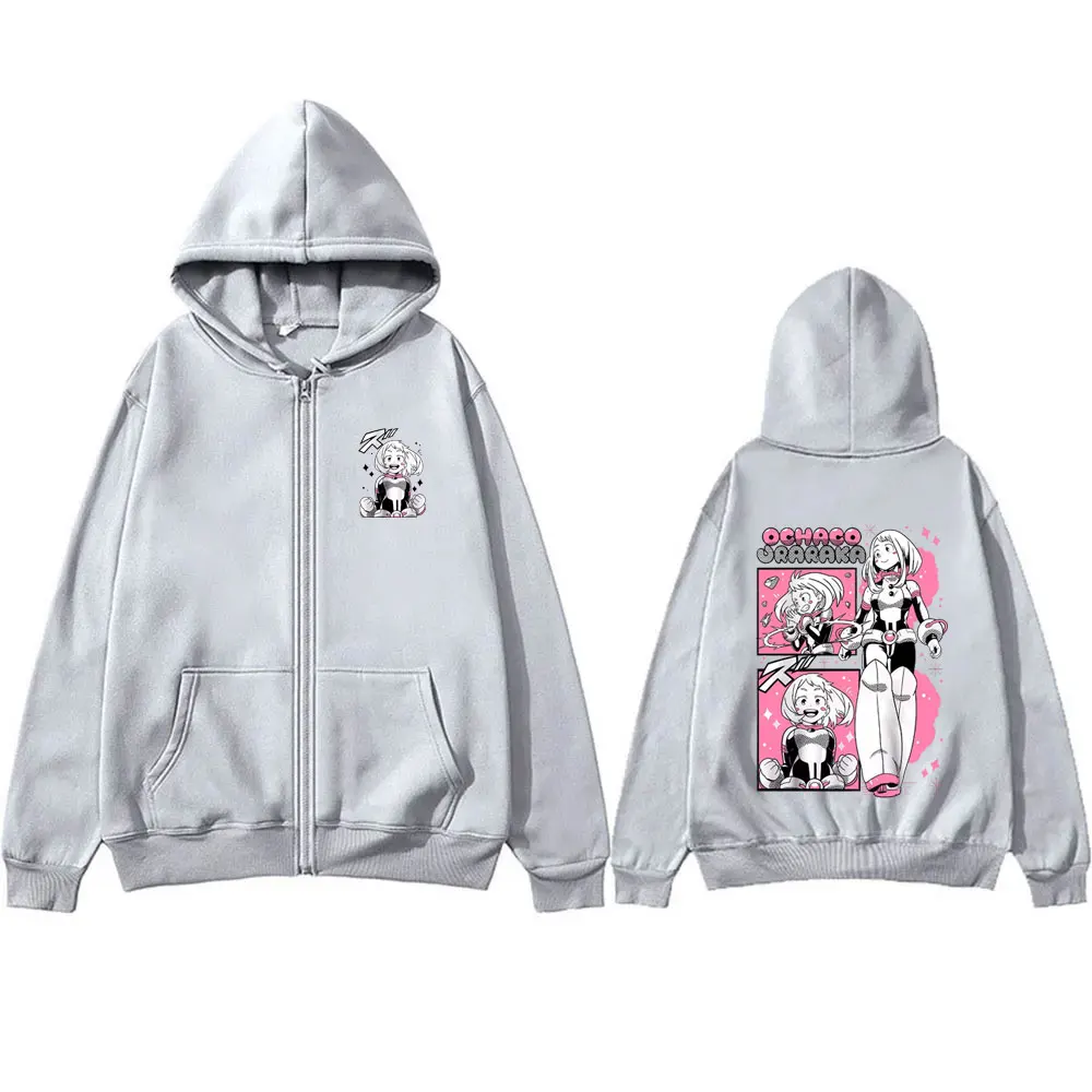 Anime My Hero Academia Zipper Hoodie Cartoon Ochaco Uraraka Zip Up Jacket Men Women Y2k Cute Kawaii Oversized Zip Up Sweatshirt