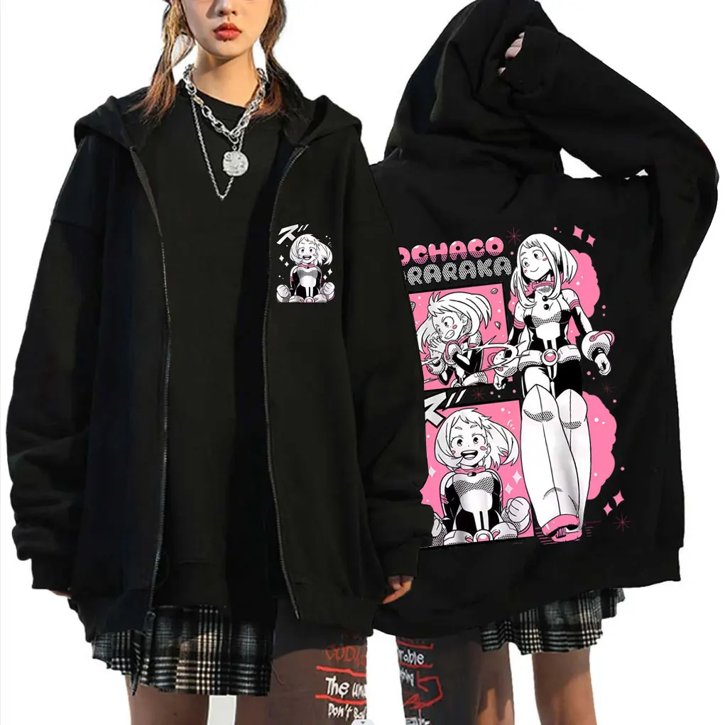 Anime My Hero Academia Zipper Hoodie Cartoon Ochaco Uraraka Zip Up Jacket Men Women Y2k Cute Kawaii Oversized Zip Up Sweatshirt
