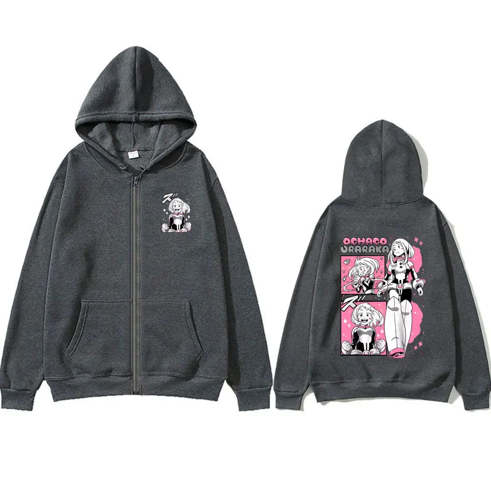 Anime My Hero Academia Zipper Hoodie Cartoon Ochaco Uraraka Zip Up Jacket Men Women Y2k Cute Kawaii Oversized Zip Up Sweatshirt