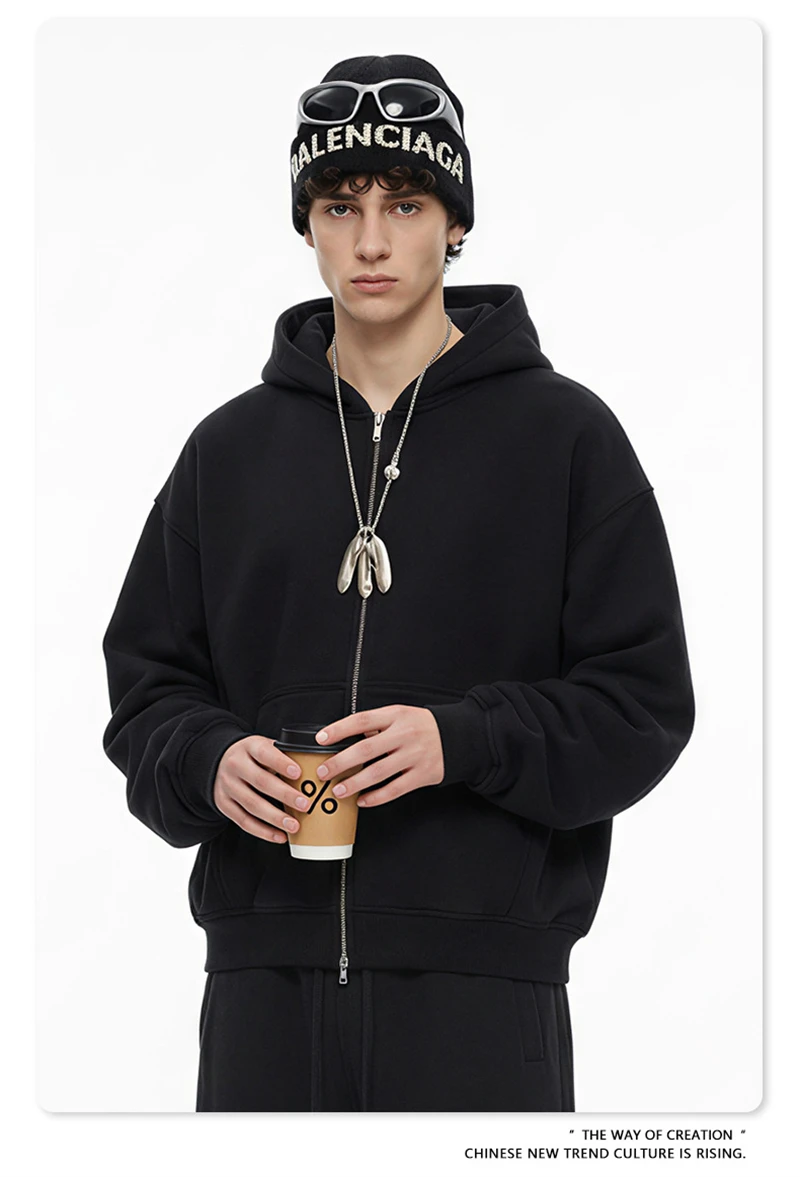 ZODF Fashion Winter 345gsm Boxy Fleece Zipper Hoodie For Men Unisex Cusual Loose Fit Warm Hooded Coat Outwears HY1178
