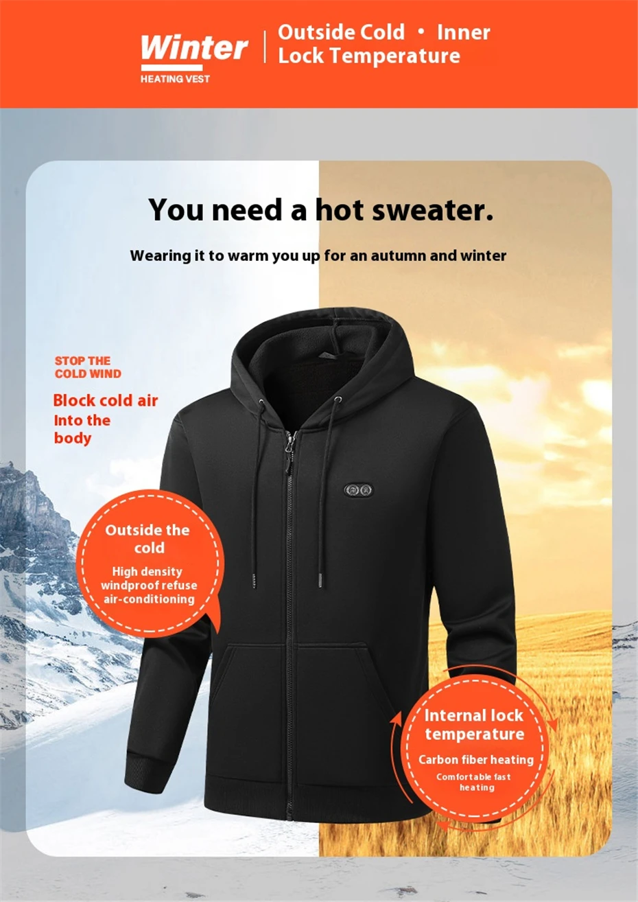 USB Heating Hoodie Jacket Men Zipper Hoodie Autumn Winter Warm 17 Zones Electric Heated Hoodies Jackets Male