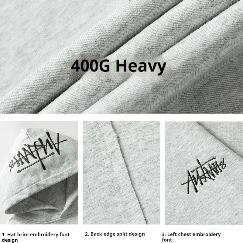 400G Heavy Thick Letter Embroidered Hoodies for Men's Autumn Winter Style American Trendy Couple Loose Hoodie Coat