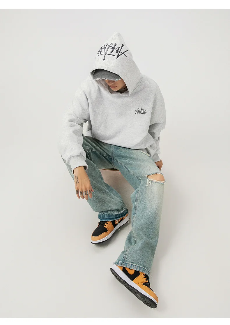 400G Heavy Thick Letter Embroidered Hoodies for Men's Autumn Winter Style American Trendy Couple Loose Hoodie Coat