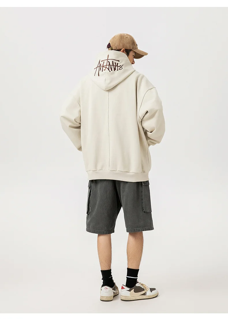 400G Heavy Thick Letter Embroidered Hoodies for Men's Autumn Winter Style American Trendy Couple Loose Hoodie Coat