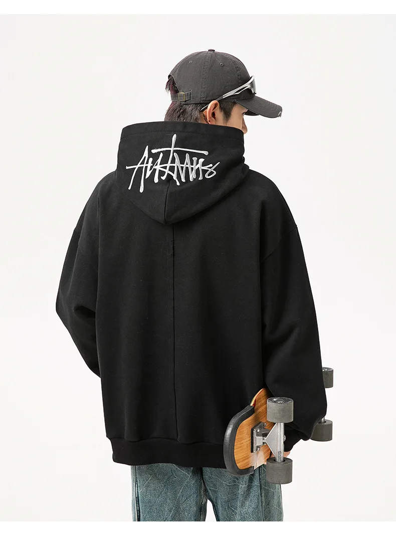 400G Heavy Thick Letter Embroidered Hoodies for Men's Autumn Winter Style American Trendy Couple Loose Hoodie Coat