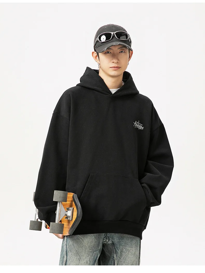 400G Heavy Thick Letter Embroidered Hoodies for Men's Autumn Winter Style American Trendy Couple Loose Hoodie Coat