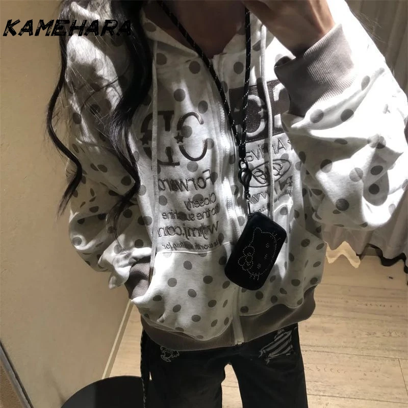 KAMEHARA Korean Retro Kawaii Polka Dot Letter Embroidery Short Zipper Coat Women's Y2K Harajuku Casual Joker Hoodies Street Wear