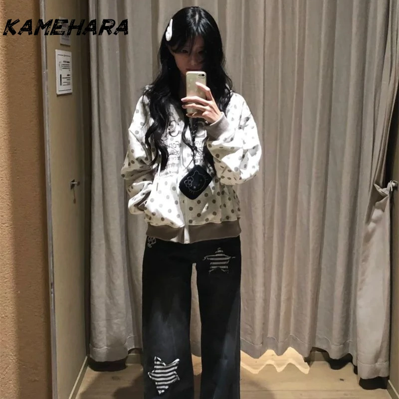 KAMEHARA Korean Retro Kawaii Polka Dot Letter Embroidery Short Zipper Coat Women's Y2K Harajuku Casual Joker Hoodies Street Wear