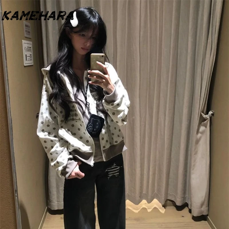 KAMEHARA Korean Retro Kawaii Polka Dot Letter Embroidery Short Zipper Coat Women's Y2K Harajuku Casual Joker Hoodies Street Wear