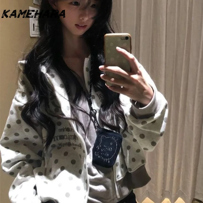 KAMEHARA Korean Retro Kawaii Polka Dot Letter Embroidery Short Zipper Coat Women's Y2K Harajuku Casual Joker Hoodies Street Wear