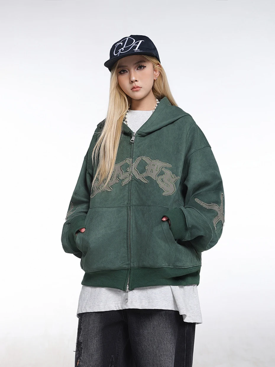 Vintage Suede Hoodies Patchwork Loose Hooded Hoodies Jacket Streetwear Harajuku Hip Hop Oversized Hoodie Sweatshirts