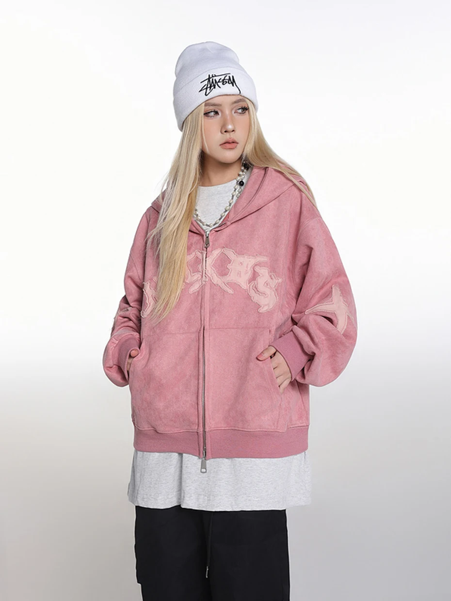 Vintage Suede Hoodies Patchwork Loose Hooded Hoodies Jacket Streetwear Harajuku Hip Hop Oversized Hoodie Sweatshirts