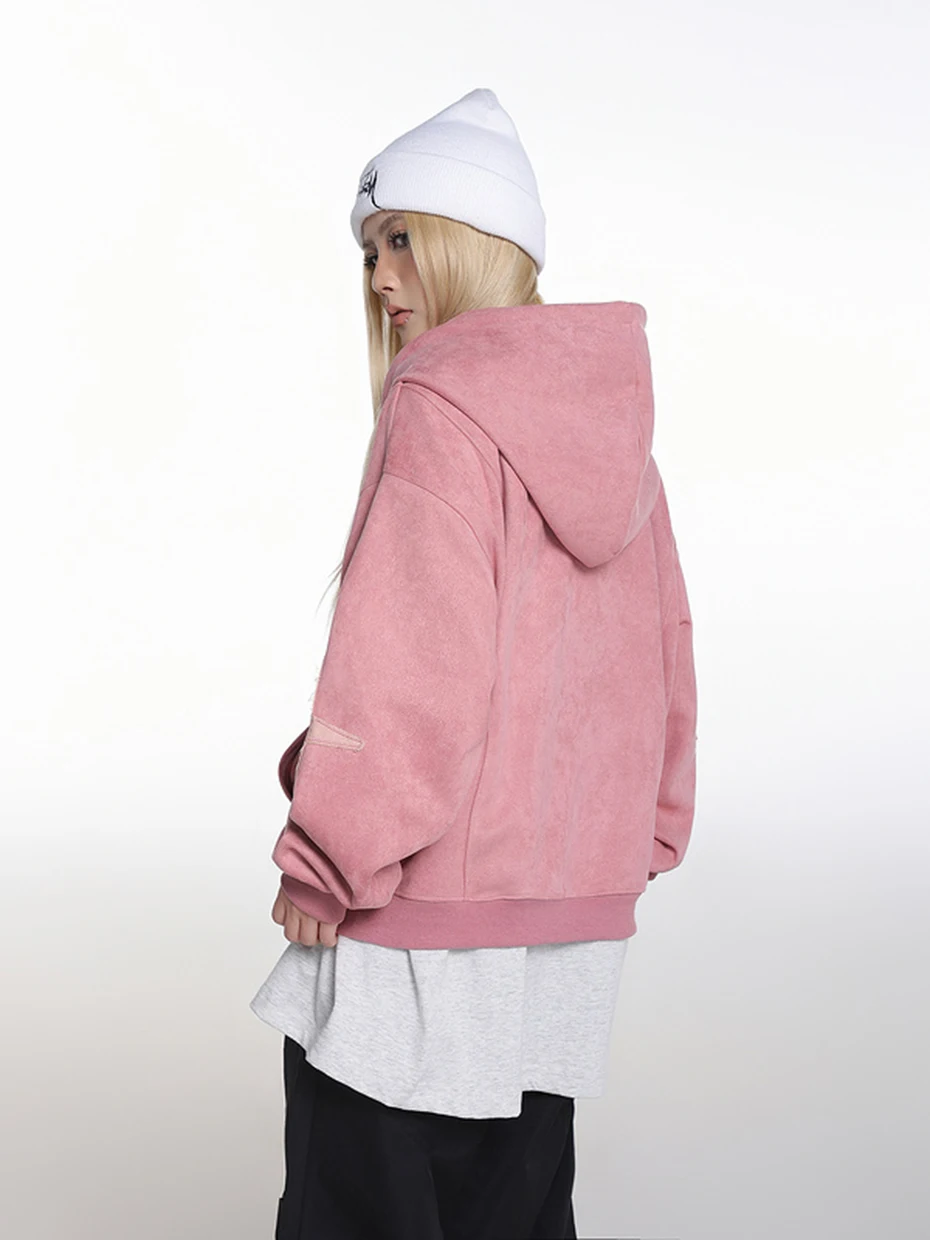 Vintage Suede Hoodies Patchwork Loose Hooded Hoodies Jacket Streetwear Harajuku Hip Hop Oversized Hoodie Sweatshirts
