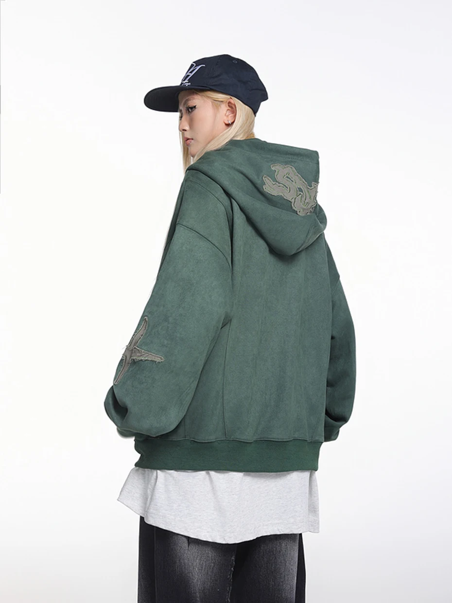 Vintage Suede Hoodies Patchwork Loose Hooded Hoodies Jacket Streetwear Harajuku Hip Hop Oversized Hoodie Sweatshirts