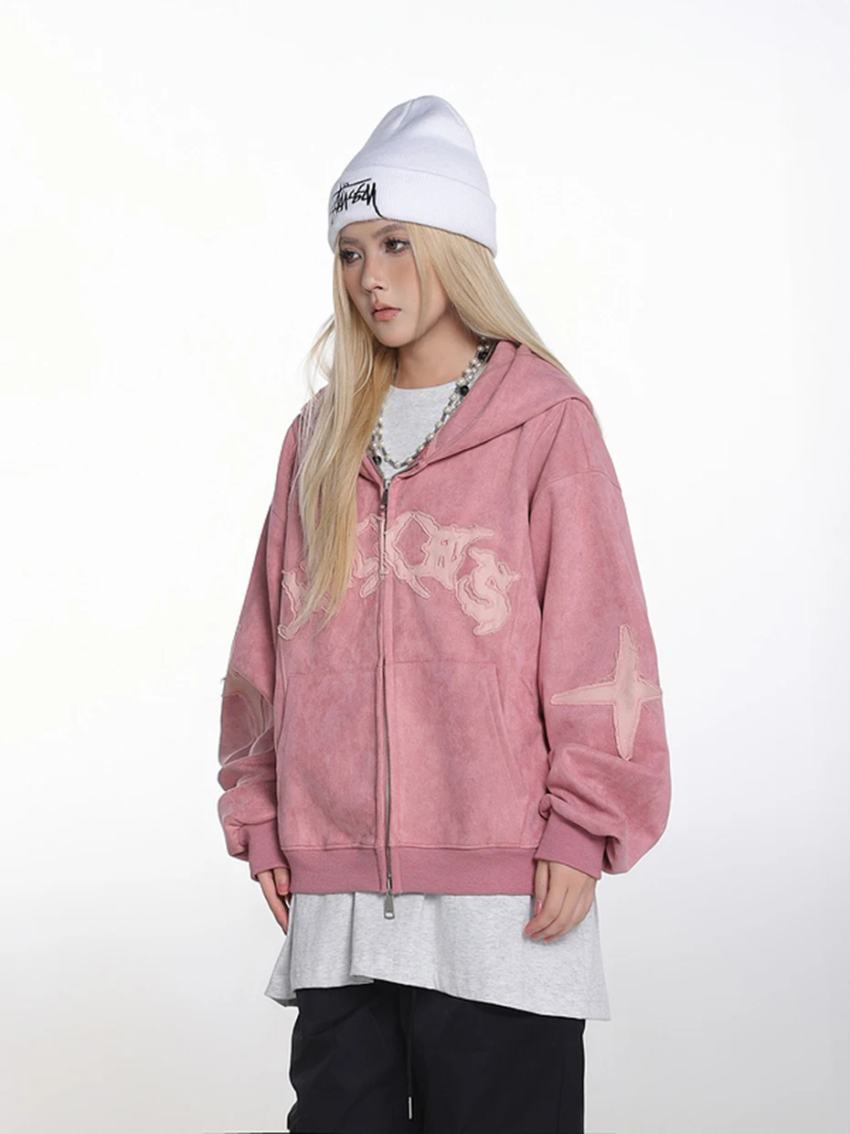 Vintage Suede Hoodies Patchwork Loose Hooded Hoodies Jacket Streetwear Harajuku Hip Hop Oversized Hoodie Sweatshirts