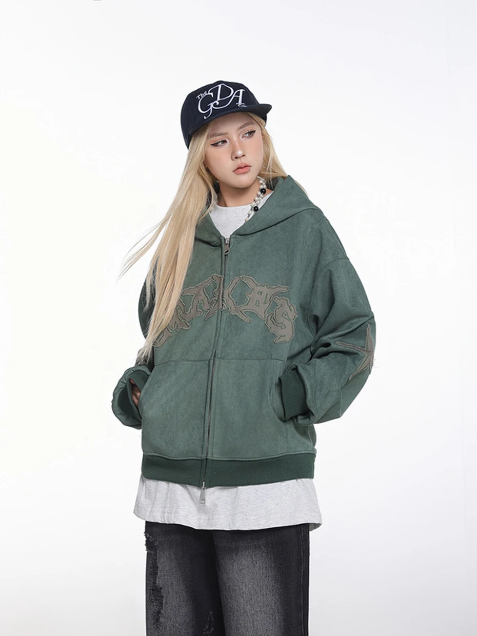 Vintage Suede Hoodies Patchwork Loose Hooded Hoodies Jacket Streetwear Harajuku Hip Hop Oversized Hoodie Sweatshirts