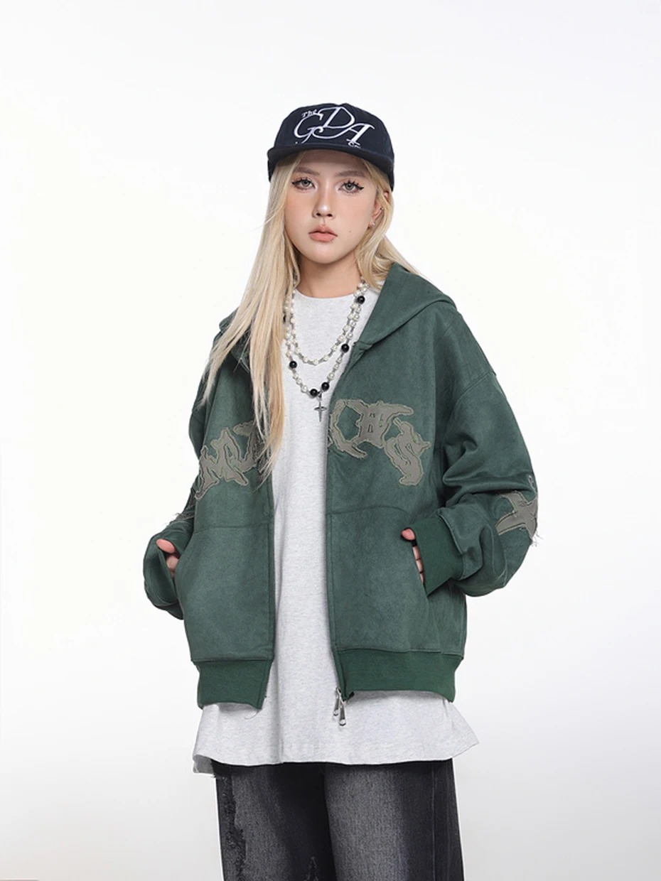 Vintage Suede Hoodies Patchwork Loose Hooded Hoodies Jacket Streetwear Harajuku Hip Hop Oversized Hoodie Sweatshirts