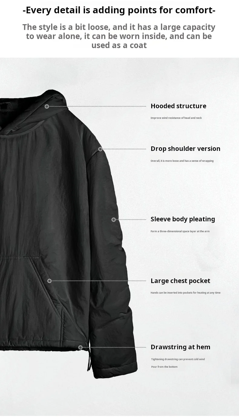 Maden Men's Big Pocket Hoodie Plush Lined Water Resistant Pullover Drop Shoulder Gather Sleeve Winter Coat for Casual Commuting