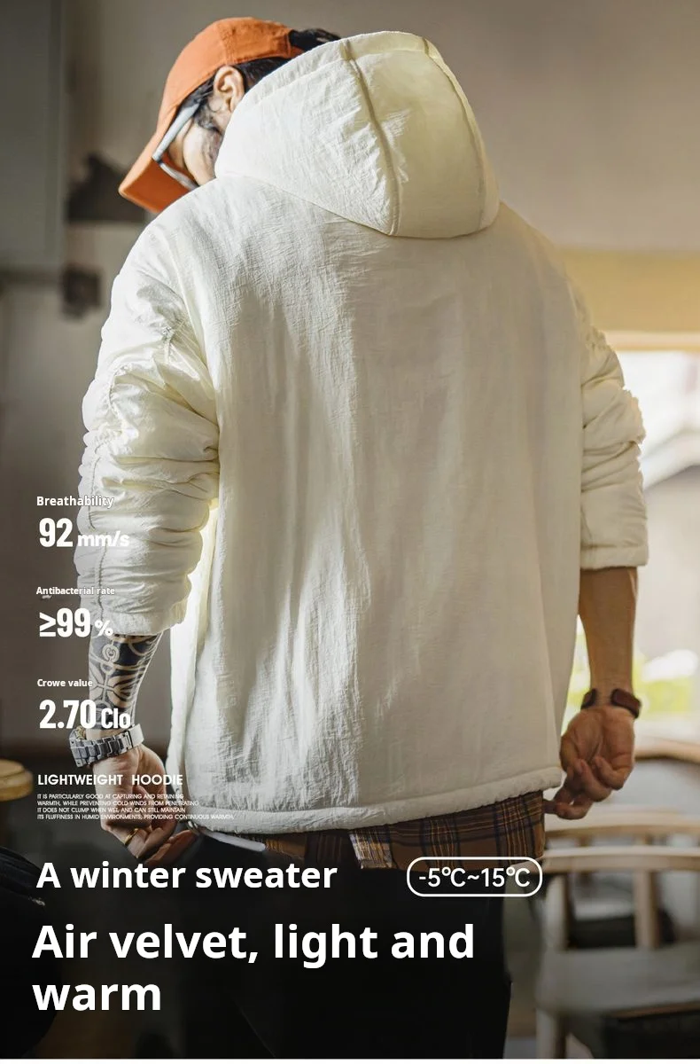 Maden Men's Big Pocket Hoodie Plush Lined Water Resistant Pullover Drop Shoulder Gather Sleeve Winter Coat for Casual Commuting