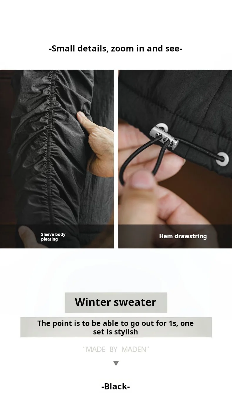 Maden Men's Big Pocket Hoodie Plush Lined Water Resistant Pullover Drop Shoulder Gather Sleeve Winter Coat for Casual Commuting