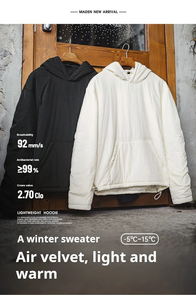 Maden Men's Big Pocket Hoodie Plush Lined Water Resistant Pullover Drop Shoulder Gather Sleeve Winter Coat for Casual Commuting