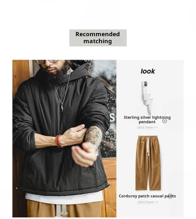 Maden Men's Big Pocket Hoodie Plush Lined Water Resistant Pullover Drop Shoulder Gather Sleeve Winter Coat for Casual Commuting