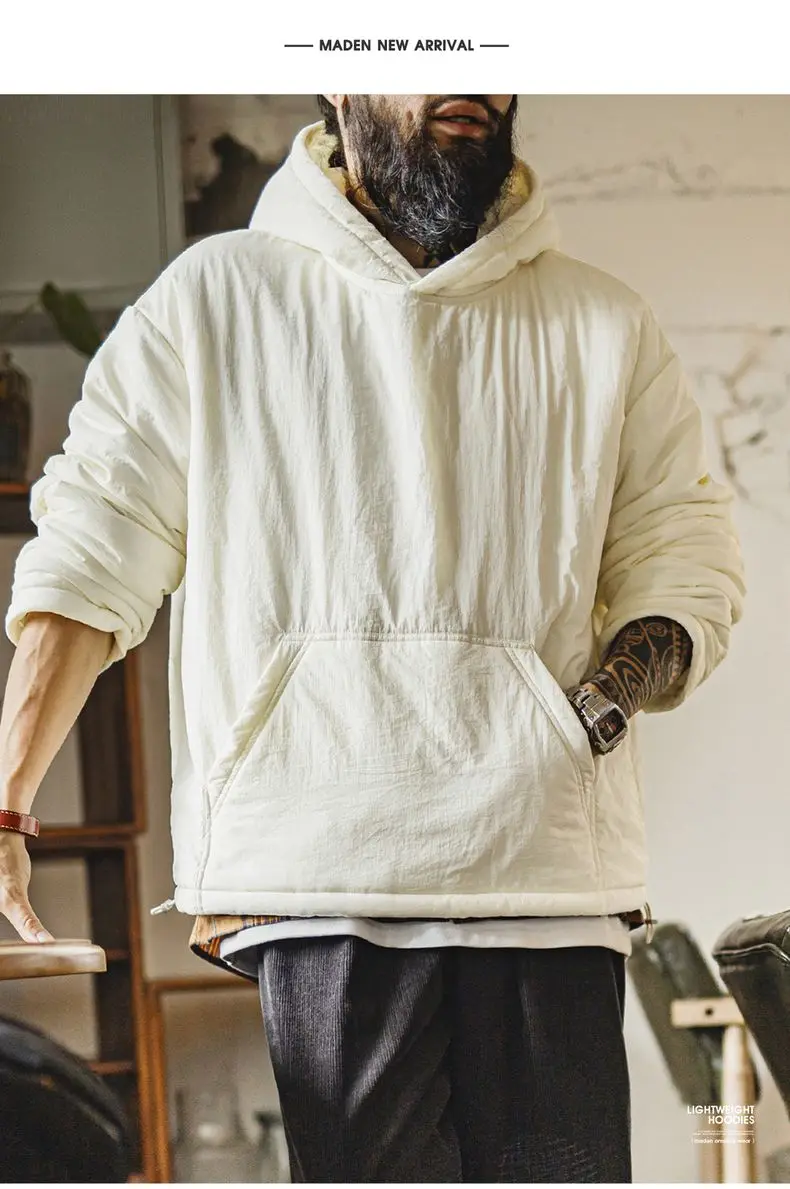 Maden Men's Big Pocket Hoodie Plush Lined Water Resistant Pullover Drop Shoulder Gather Sleeve Winter Coat for Casual Commuting