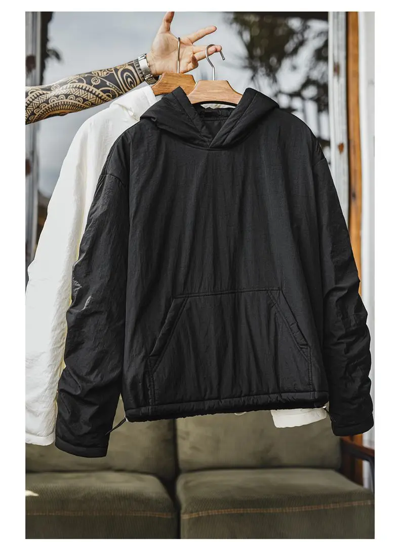 Maden Men's Big Pocket Hoodie Plush Lined Water Resistant Pullover Drop Shoulder Gather Sleeve Winter Coat for Casual Commuting