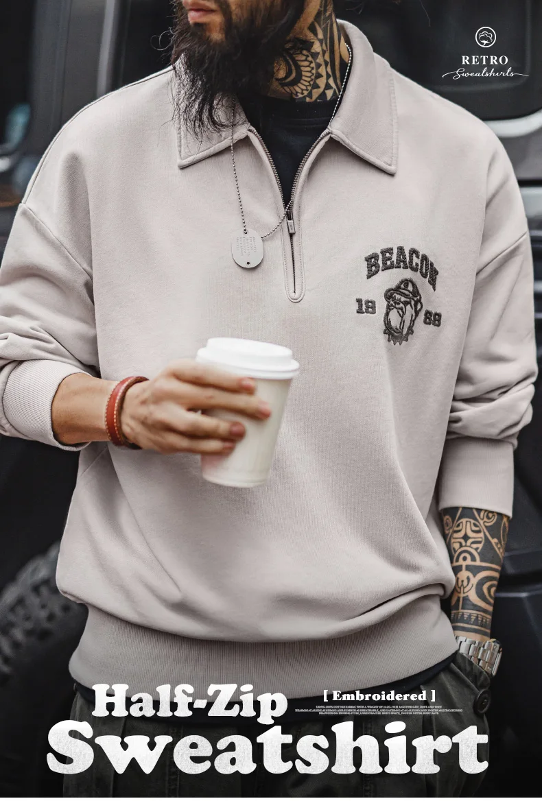 Maden Vintage Men's Long Sleeve Embroidered Sweatshirt with Letters Half-open Front Casual Hoodie Turned-up Collar for Spring