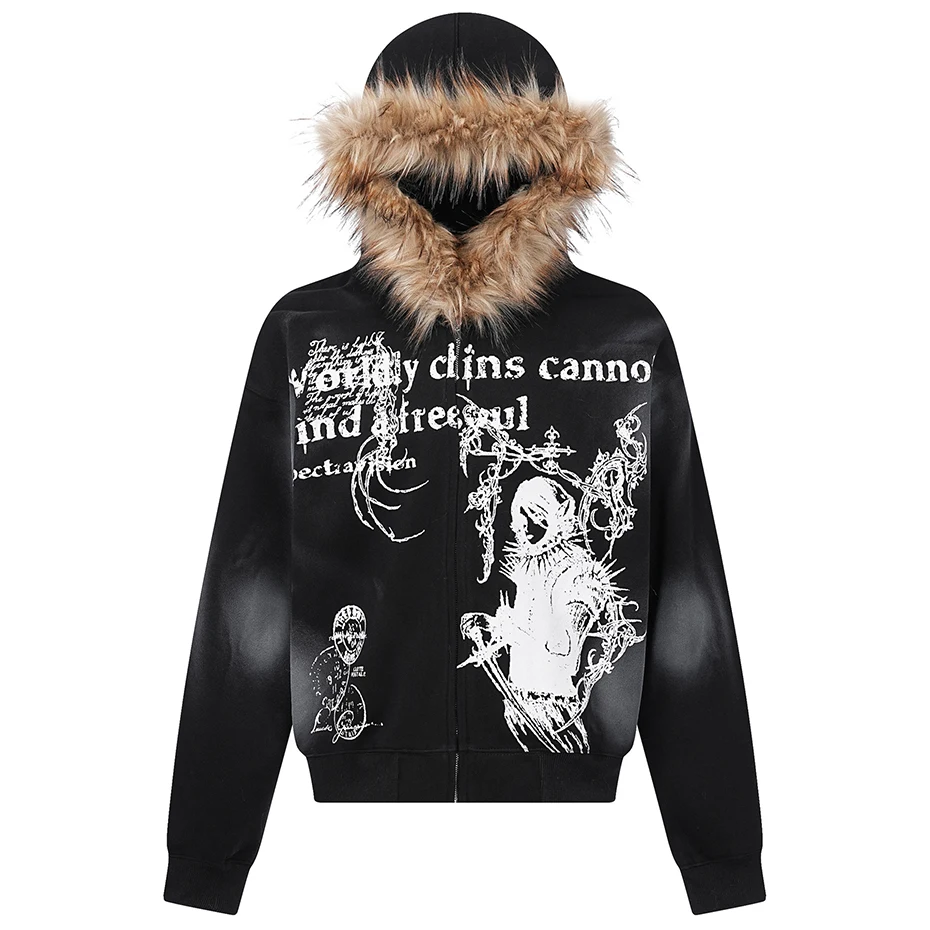 Fur Collar Hoodies Jackets Y2K Harajuku Oversized Hoodie Men Streetwear Hip Hop Loose Hooded Sweatshirts