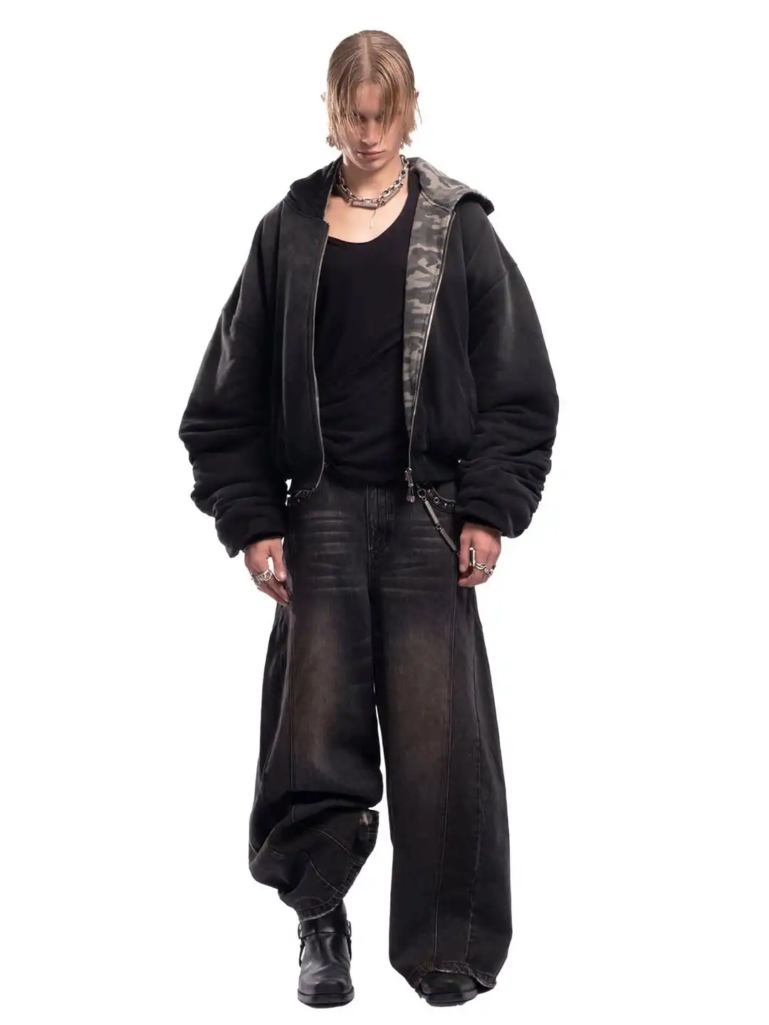Mens Womens American Street Camouflage Cropped Zip Up Hoodie Loose Fit Drop Shoulder Reversible Jacket Casual Streetwear Top