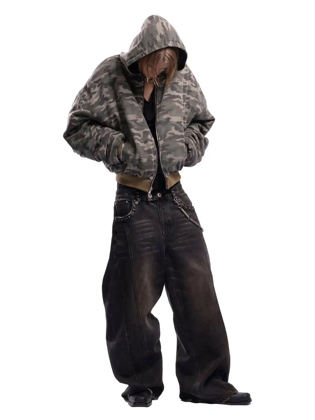 Mens Womens American Street Camouflage Cropped Zip Up Hoodie Loose Fit Drop Shoulder Reversible Jacket Casual Streetwear Top