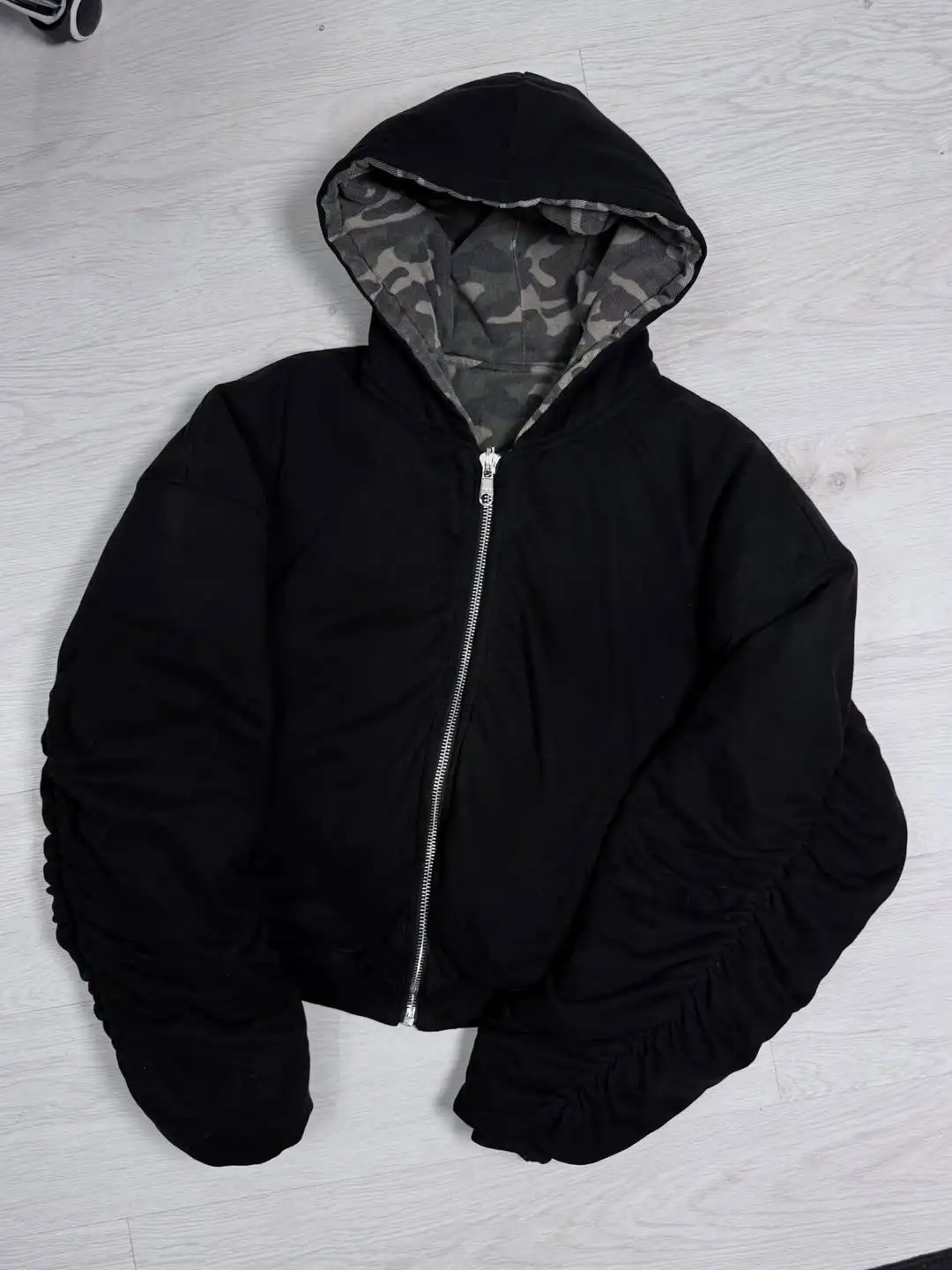 Mens Womens American Street Camouflage Cropped Zip Up Hoodie Loose Fit Drop Shoulder Reversible Jacket Casual Streetwear Top