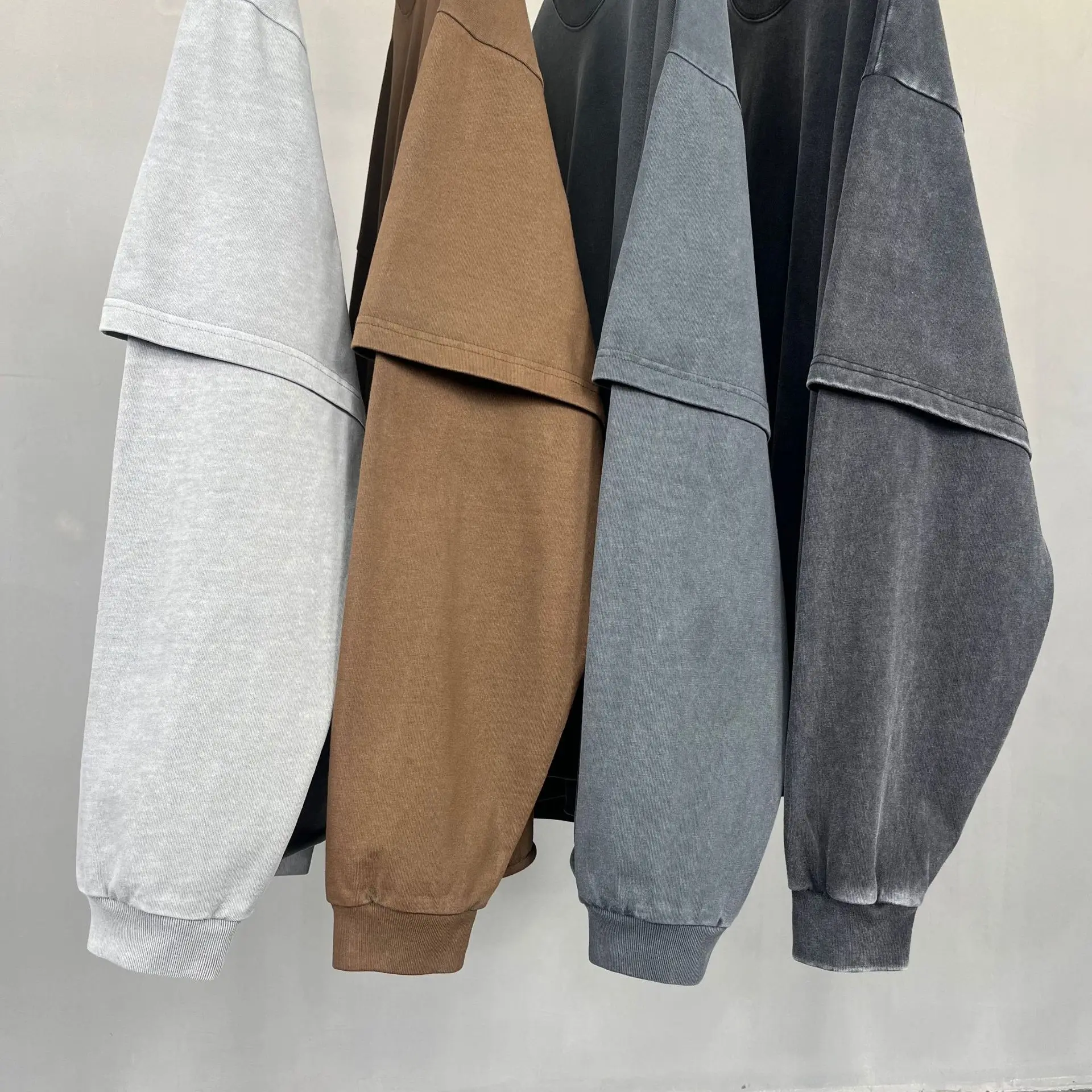 Spring Autumn New Fashion Men's American High Street Trendy Solid O-neck Hoodies Vintage Long Sleeved Fake 2 Sets of Clothing