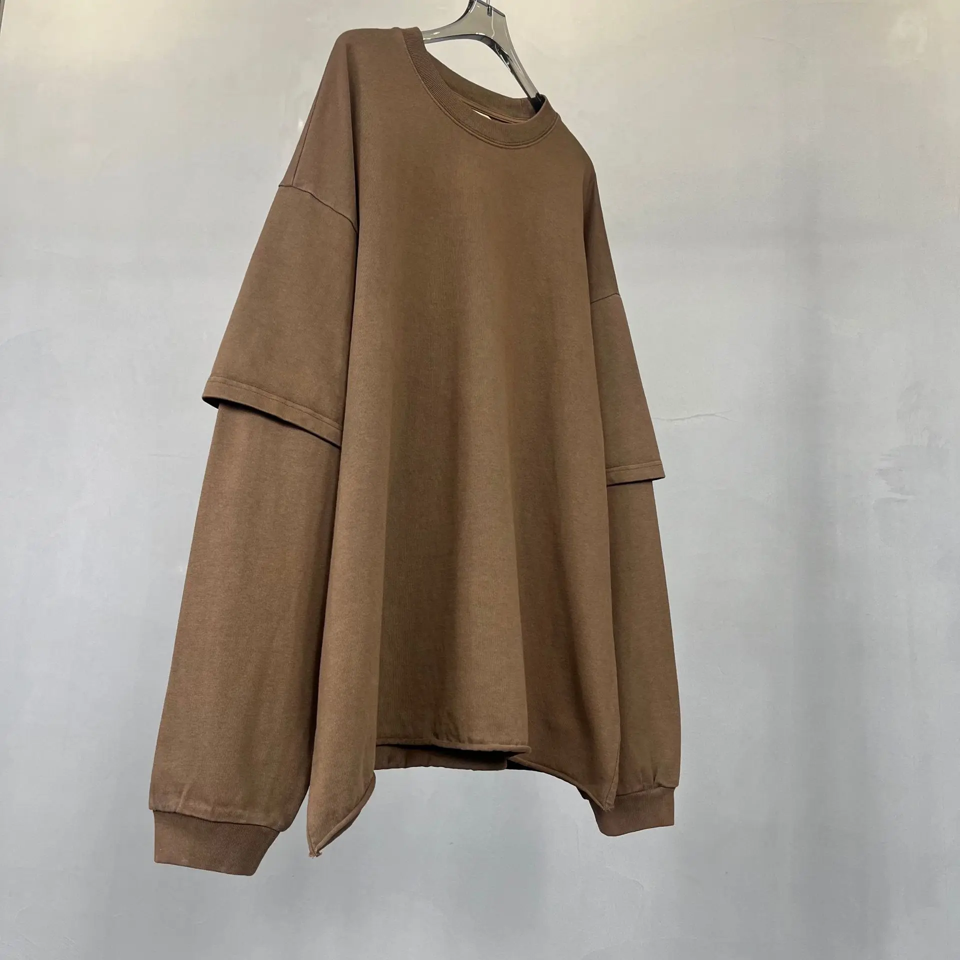 Spring Autumn New Fashion Men's American High Street Trendy Solid O-neck Hoodies Vintage Long Sleeved Fake 2 Sets of Clothing