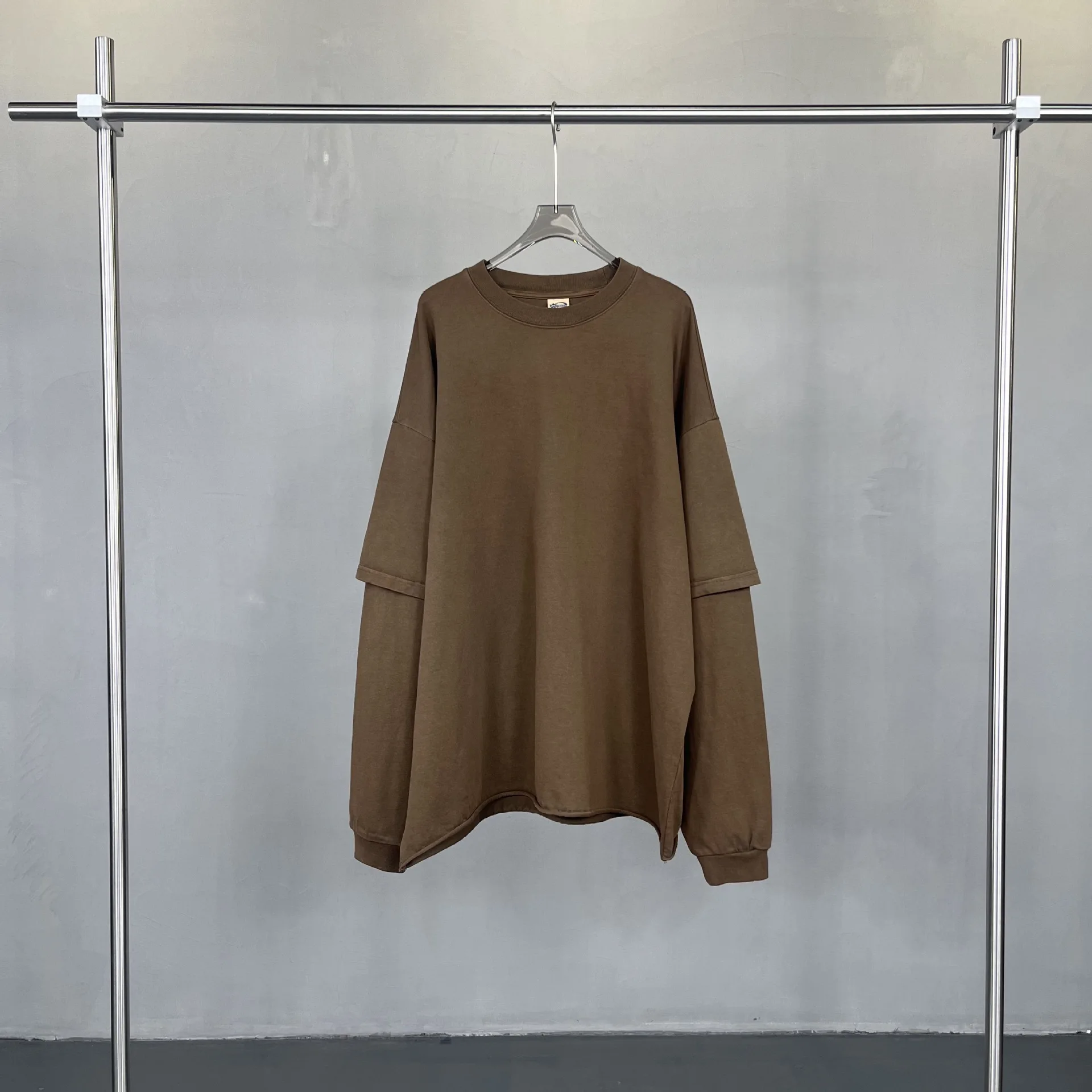 Spring Autumn New Fashion Men's American High Street Trendy Solid O-neck Hoodies Vintage Long Sleeved Fake 2 Sets of Clothing