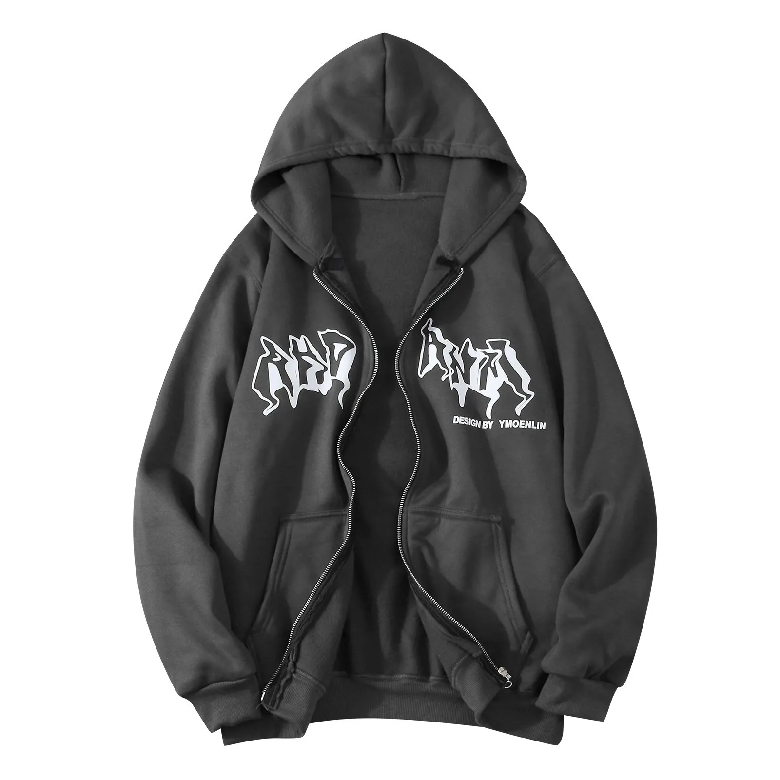 Jacket Zip Up Hoodies Hip Hop Sweatshirt Vintage Goth Print Hooded Jacket Street Fashion Unisex Drawstring Autumn Fleece Hoodie