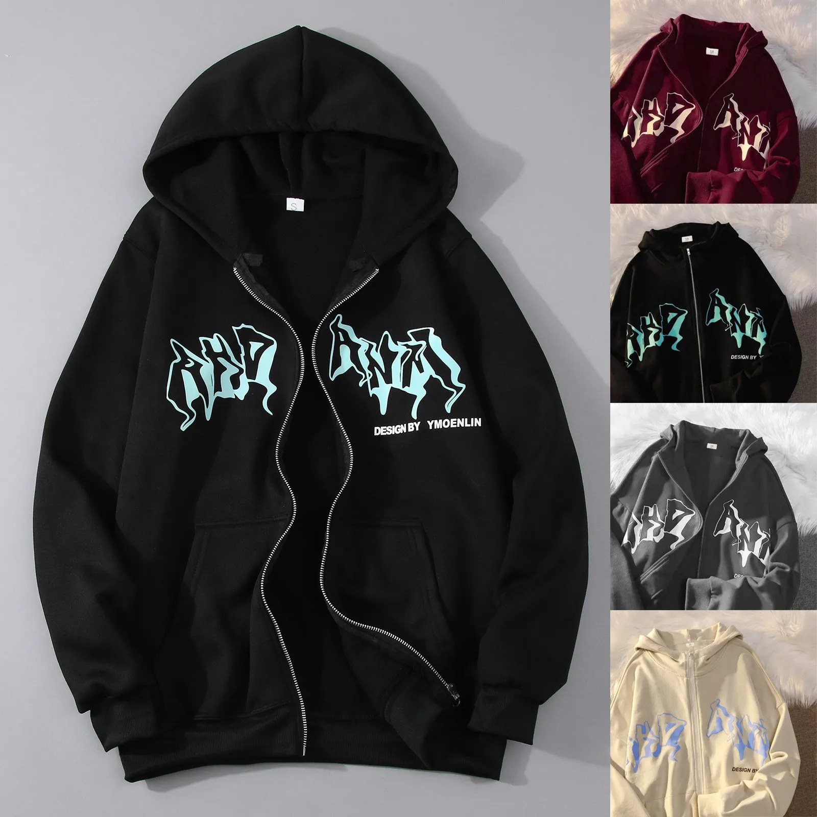Jacket Zip Up Hoodies Hip Hop Sweatshirt Vintage Goth Print Hooded Jacket Street Fashion Unisex Drawstring Autumn Fleece Hoodie