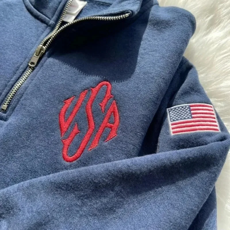 Mens Sweatshirt Harajuku Y2K Navy Blue Quarter Zip Pullover USA Embroidered Flag Patch Vintage Streetwear Jacket Casual Unisex