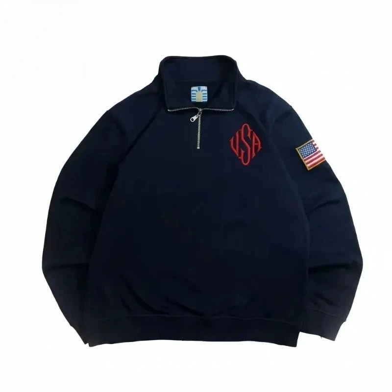Mens Sweatshirt Harajuku Y2K Navy Blue Quarter Zip Pullover USA Embroidered Flag Patch Vintage Streetwear Jacket Casual Unisex