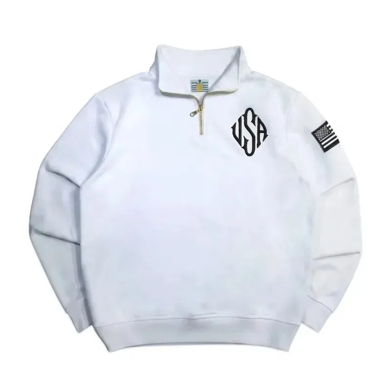 Mens Sweatshirt Harajuku Y2K Navy Blue Quarter Zip Pullover USA Embroidered Flag Patch Vintage Streetwear Jacket Casual Unisex