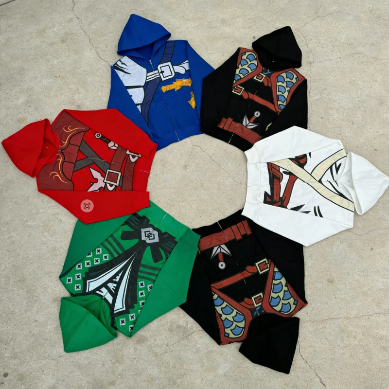 Y2K Japanese High Street Zipup Hoodie Ninja Casual Cosplay Print Anime Sweatshirt Daily Harajuku New Streetwear Unisex Boxy Tops